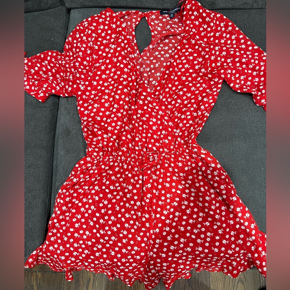Red with white floral romper.